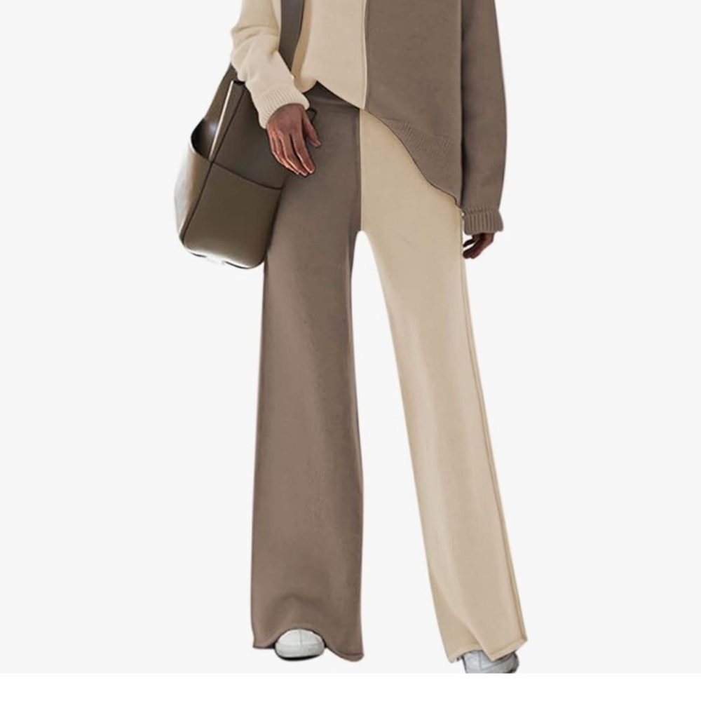 Cream and Brown Wide Leg Pants with High-Waisted Design